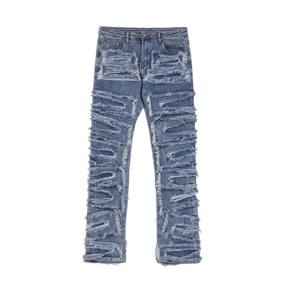 retro hole ripped distressed jeans for men straight washed harajuku hip hop loose denim trousers vibe style casual jean pants stacked flare jeans