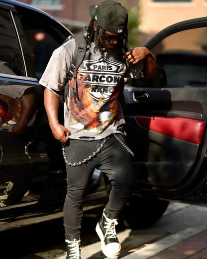 Y2k American High Street Fashion Brand Washed Short-sleeved Women Flame Eagle Print Oversized T-shirt Harajuku Hip-hop Tops Men Street King Limited
