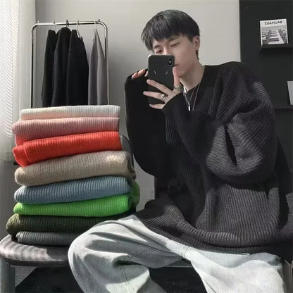 2023 Autumn Crew Neck Solid Color Pullover Sweaters For Men Casual Y2K Knitted Sweater High Street Fashion Jumpers Hombre Street King Limited