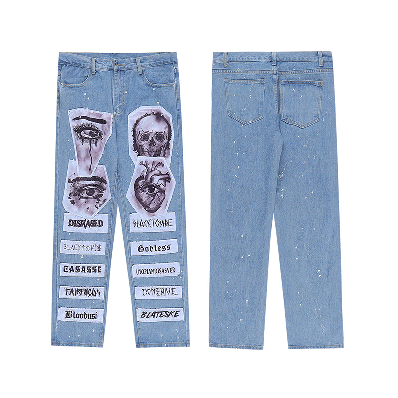 fashion skull graffiti patchwork denim jeans mens zipper jeans hip hop streetwear casual harajuku straight joggers jeans pants unique joggers style 5480