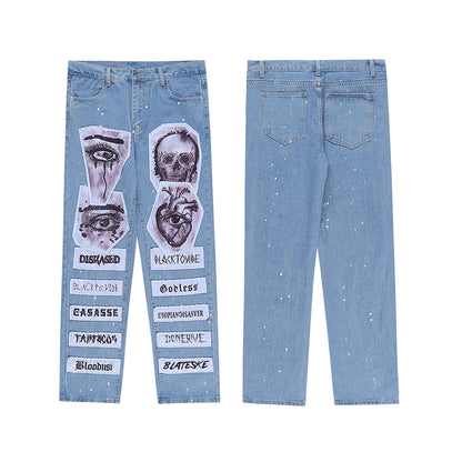 fashion skull graffiti patchwork denim jeans mens zipper jeans hip hop streetwear casual harajuku straight joggers jeans pants unique joggers style 5480