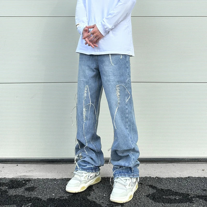 fashion loose streetwear denim jeans new casual wide legs straight jean pants hip hop tassel joggers baggy jeans men clothing unique joggers style 4895