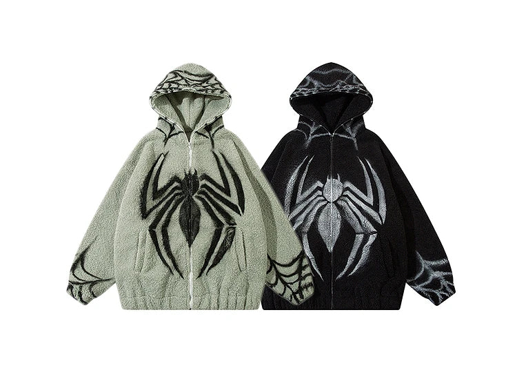 mens harajuku spider graffiti fleece jackets and coats hairy zipper hooded outerwear warm streetwear parkas loose bomber jacket unique default style 4069