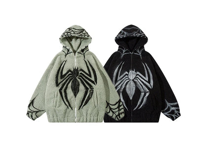 mens harajuku spider graffiti fleece jackets and coats hairy zipper hooded outerwear warm streetwear parkas loose bomber jacket unique default style 4069