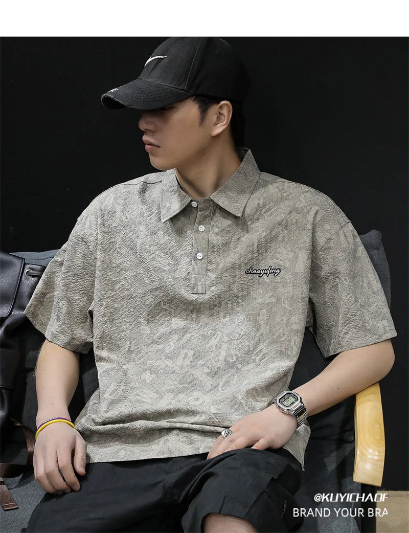 Streetwear Summer Full Letter Printed Polo Shirt For Men New Lapel Button Tee Sh Summer Full Letter Printed Polo Shirt For Men 2024 New Lapel Button Tee Shirts Oversized Short Sleeve Y2K Streetwear T Shirt Fashion Sweater Jacket With Graphic Design For Men