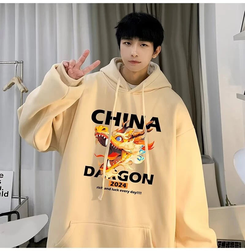 2024 New China Dragon Graphic Hoodies Men Hip Hop Streetwear Hoodie Sweatshirt Harajuku Fleece Printed Pullover Hoody Clothes Street King Limited