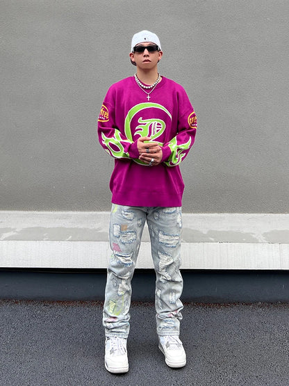 Hip Hop Knitted Sweater Men Letter Fire Pattern O-neck Pullover Streetwear Casual Loose Sweater Unisex Harajuku Jumpers Knitwear Street King Limited