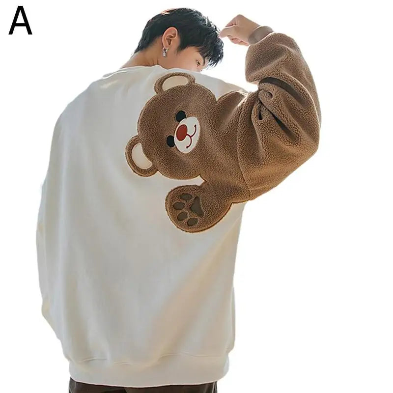 Long-sleeved Round Neck Sweater Lamb Hair Embroidery Flocking Sweater Loose Warm Winter Men's Bear Street King Limited