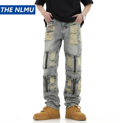 2024 ripped jeans high street straight trousers destroyed hole baggy denim pants vintage retro hip hop 1 stacked flare jeans