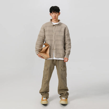 men streetwear fashion loose casual retro stripe knitted sweater cardigan jacket autumn knitwear jumper coat outerwear urban fashion pants