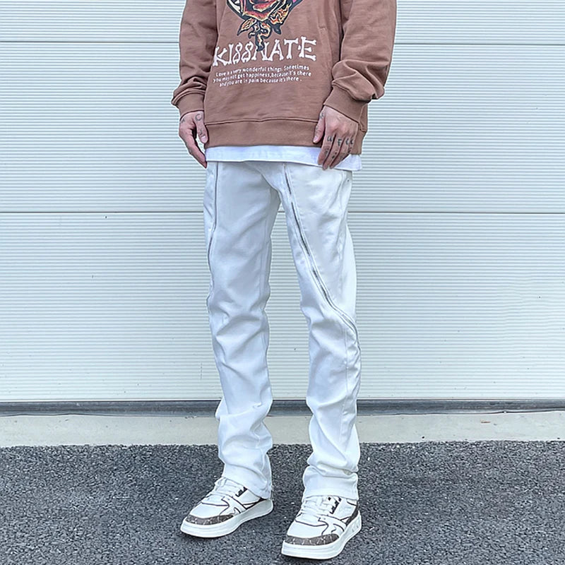 Curve Zipper Cashew Print Patchwork Jeans for Men Straight Black White Y2K Streetwear Casual Baggy Denim Trousers Oversized Street King Limited