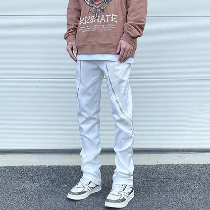 Curve Zipper Cashew Print Patchwork Jeans for Men Straight Black White Y2K Streetwear Casual Baggy Denim Trousers Oversized Street King Limited