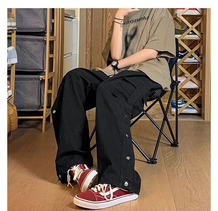 Fashionable Korean style gothic buttoned overalls pants men summer Harajuku street y2k hip hop casual retro sports pants Street King Limited
