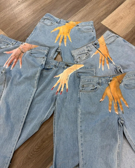 Harajuku Hand Print Graphic Streetwear Women High Waist Wide Couples y2k denim baggy Jeans Men Pants Trousers men clothing Street King Limited
