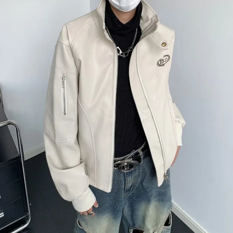 punk leather jacket mens spring standing collar trendy high street coats y2k streetwear hip hop motorcycle outwear 2024 new unique default style 2231