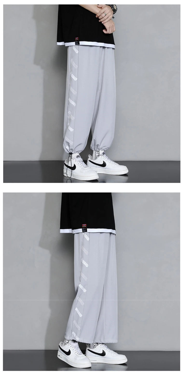 summer side letter printed straight pants mens drawstring sports joggers sweatpants y2k streetwear baggy casual trousers unique joggers style 887