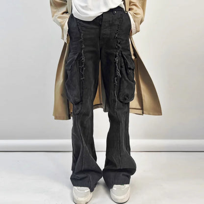 y2k streetwear tassel multi pocket jeans for men straight solid baggy cargo pants pantalones hombre casual denim trousers unique cargo style 887