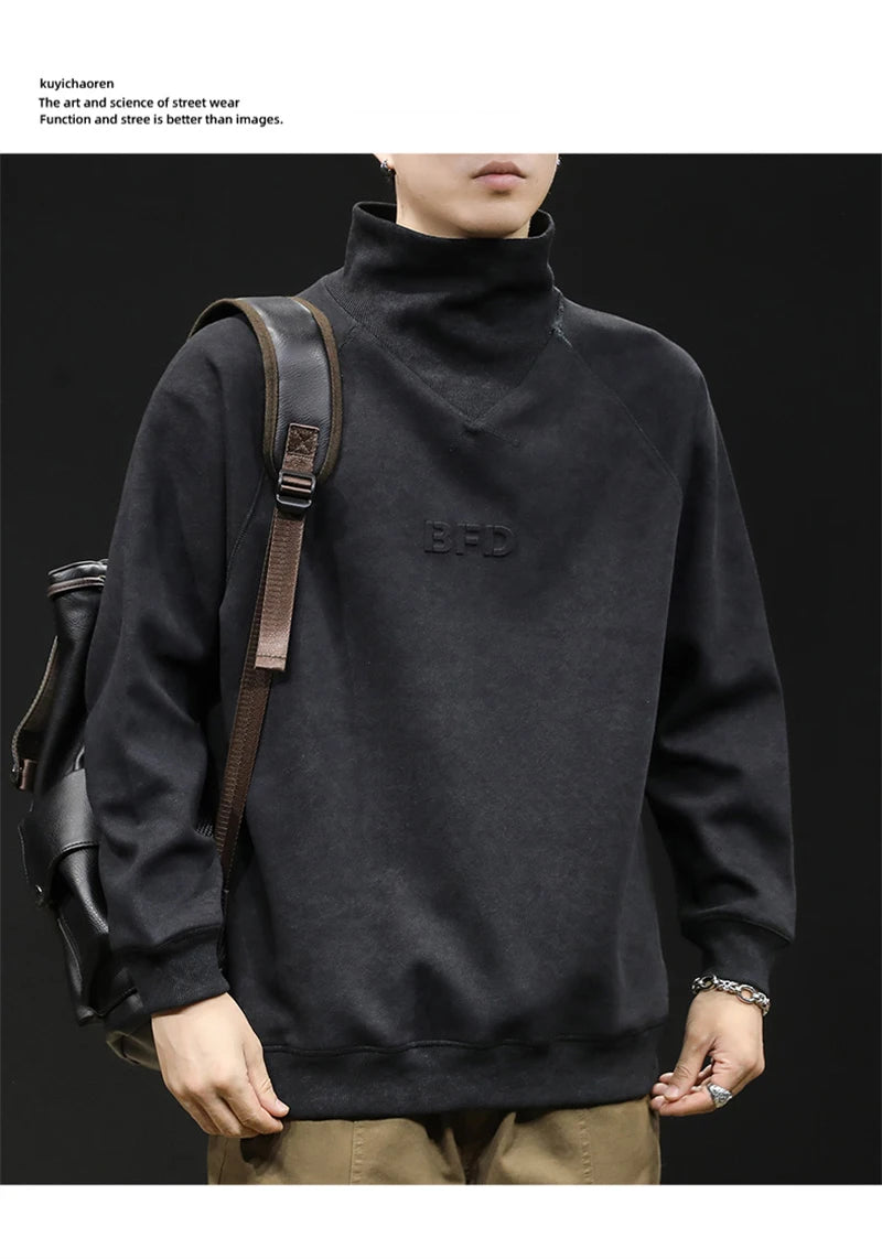 Autumn Suede Turtleneck Long Sleeve Sweatshirts Men Letter Foam Print Patchwork Crewneck Pullover Hoodie Y2K Streetwear Clothes Street King Limited
