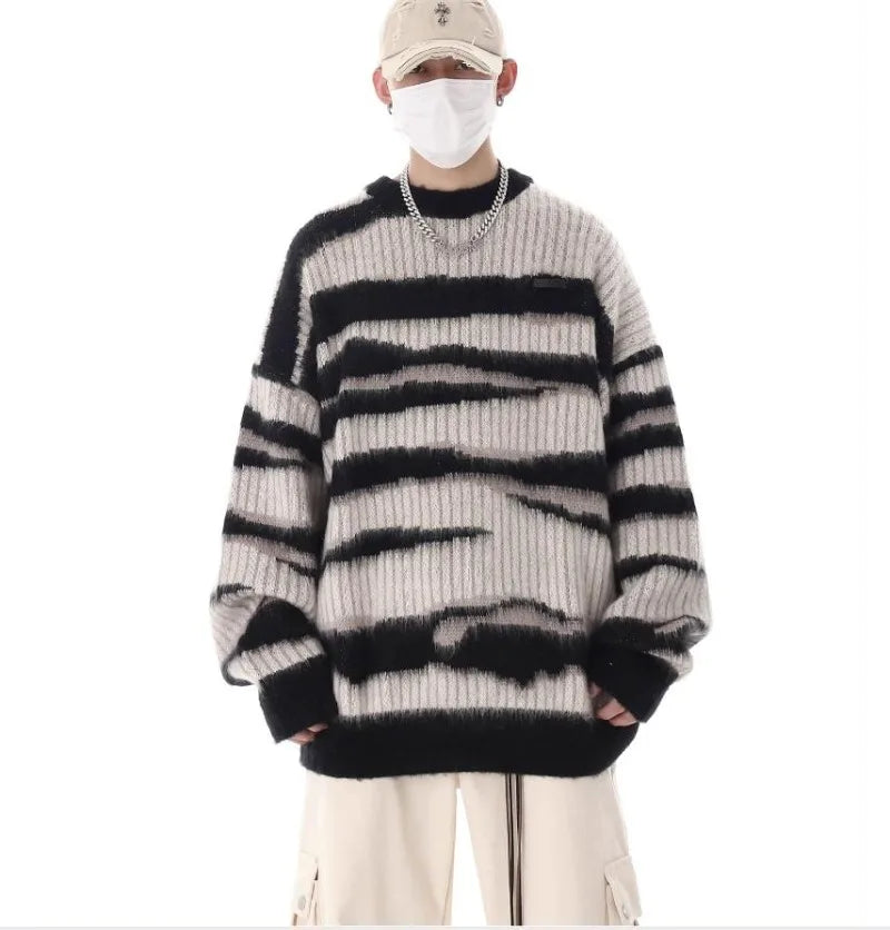 korean hip hop set men striped vintage knit sweater drawstring big pocket cargo pants 2 pcs set spring college casual suit 2024 unique cargo style 4321