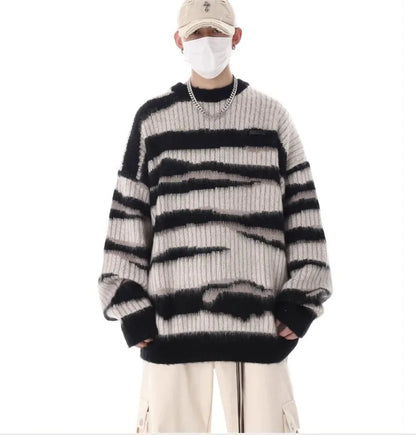 korean hip hop set men striped vintage knit sweater drawstring big pocket cargo pants 2 pcs set spring college casual suit 2024 unique cargo style 4321