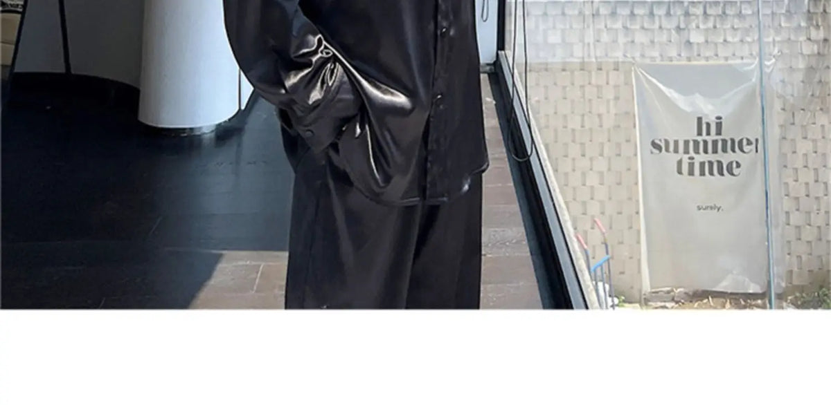 men silk style streetwear fashion loose casual long sleeve shirts pants 2 pieces sets male vintage suits blouses trousers unique default style 2747