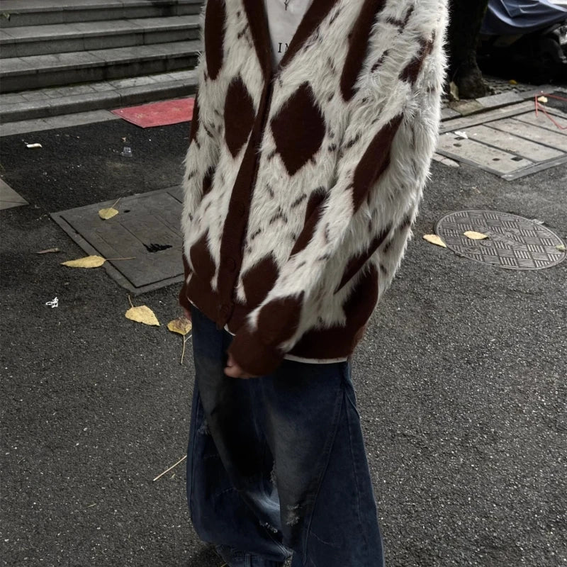 2024 New College Casual Mens Cardigan Autumn Diamond Grid Color Block Street Unisex Knitted Jacket Loose V-neck Sweater Coats Street King Limited