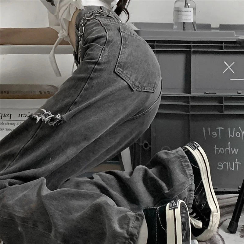 xpqbb vintage streetwear dark gray jeans women y2k high waist ripped denim trousers female 2022 new design loose wide leg pants denim street jeans