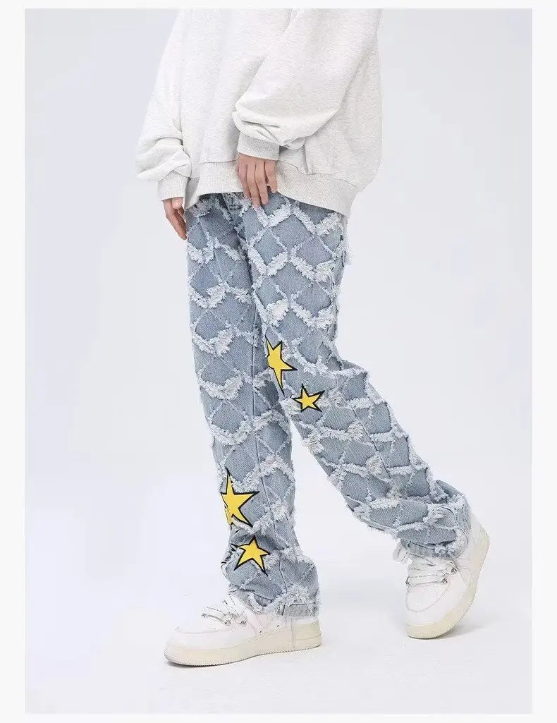 Y2K Star Embroidery Plaid Stacked Jeans Pants for Men Straight Women Hip Hop Denim Trousers Pantalon Homme Street Raw Edge Pant Street King Limited