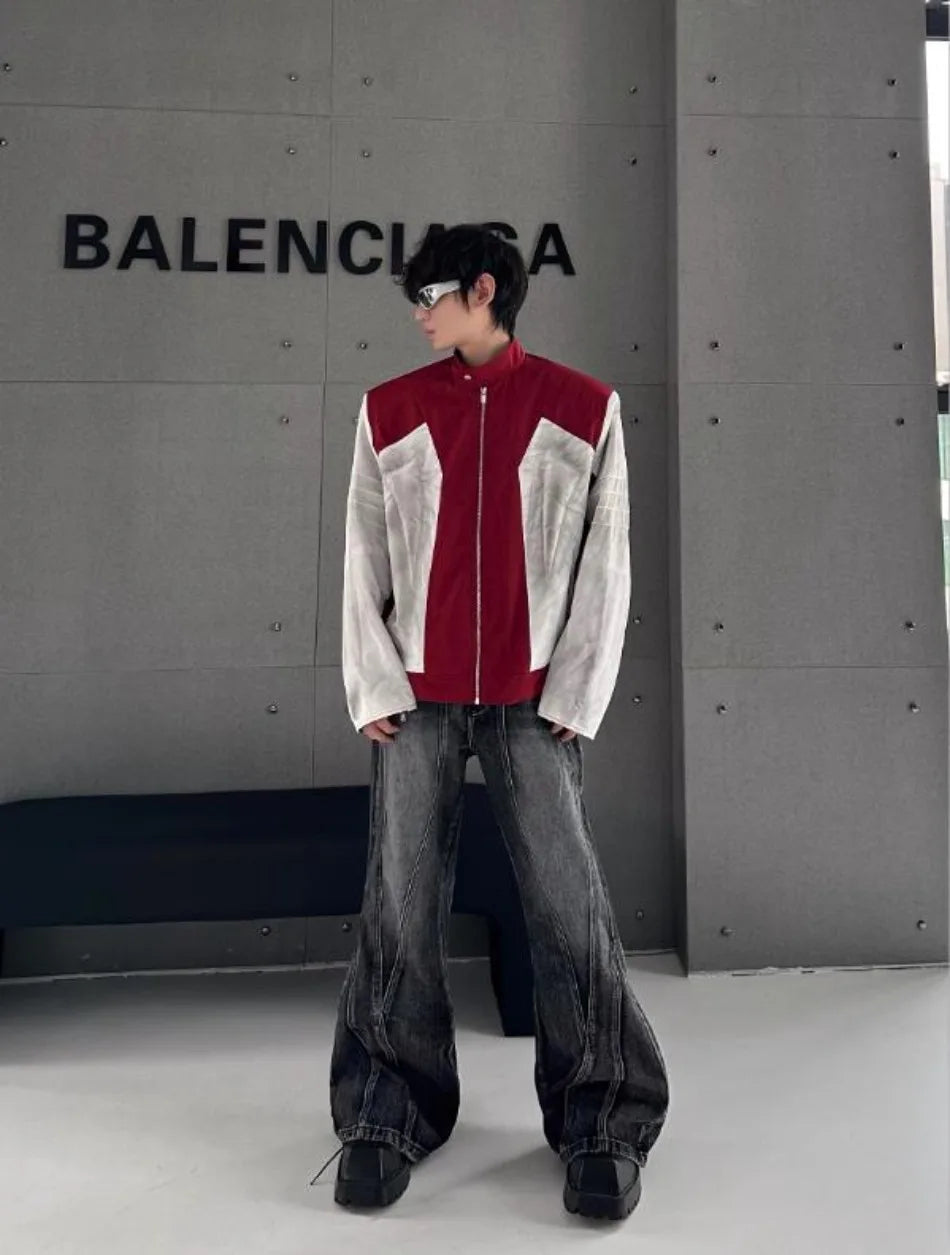 street american color block mens jacket 2024 new autumn zipper patchwork shoulder pads racing coats motorcycle windbreaker unique default style 3241