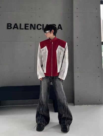 street american color block mens jacket 2024 new autumn zipper patchwork shoulder pads racing coats motorcycle windbreaker unique default style 3241