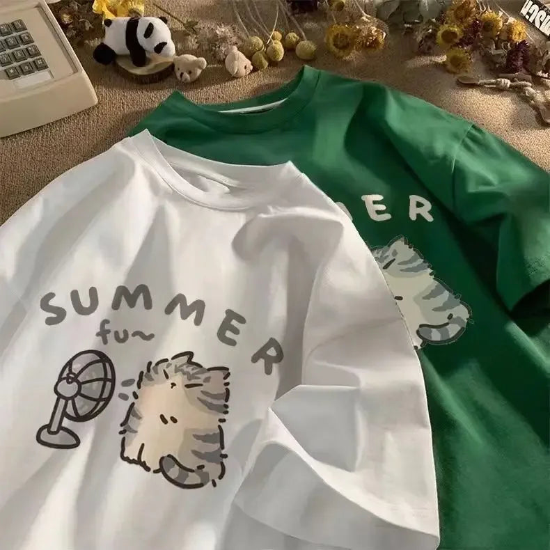 American Street Creative Blow Fan Cat Pure Cotton T-shirt for Men and Women Summer Relaxed Short Sleeve Couple Wear INS Top Street King Limited