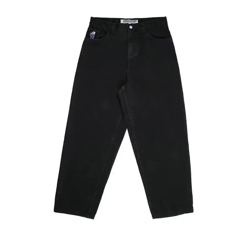 Hip Hop Gothic Cartoon Big Boy Graphic Embroidery Baggy Jeans Black Pants Jeans Y2K Mens Womens Harajuku High Waist Wide Trouser Street King Limited