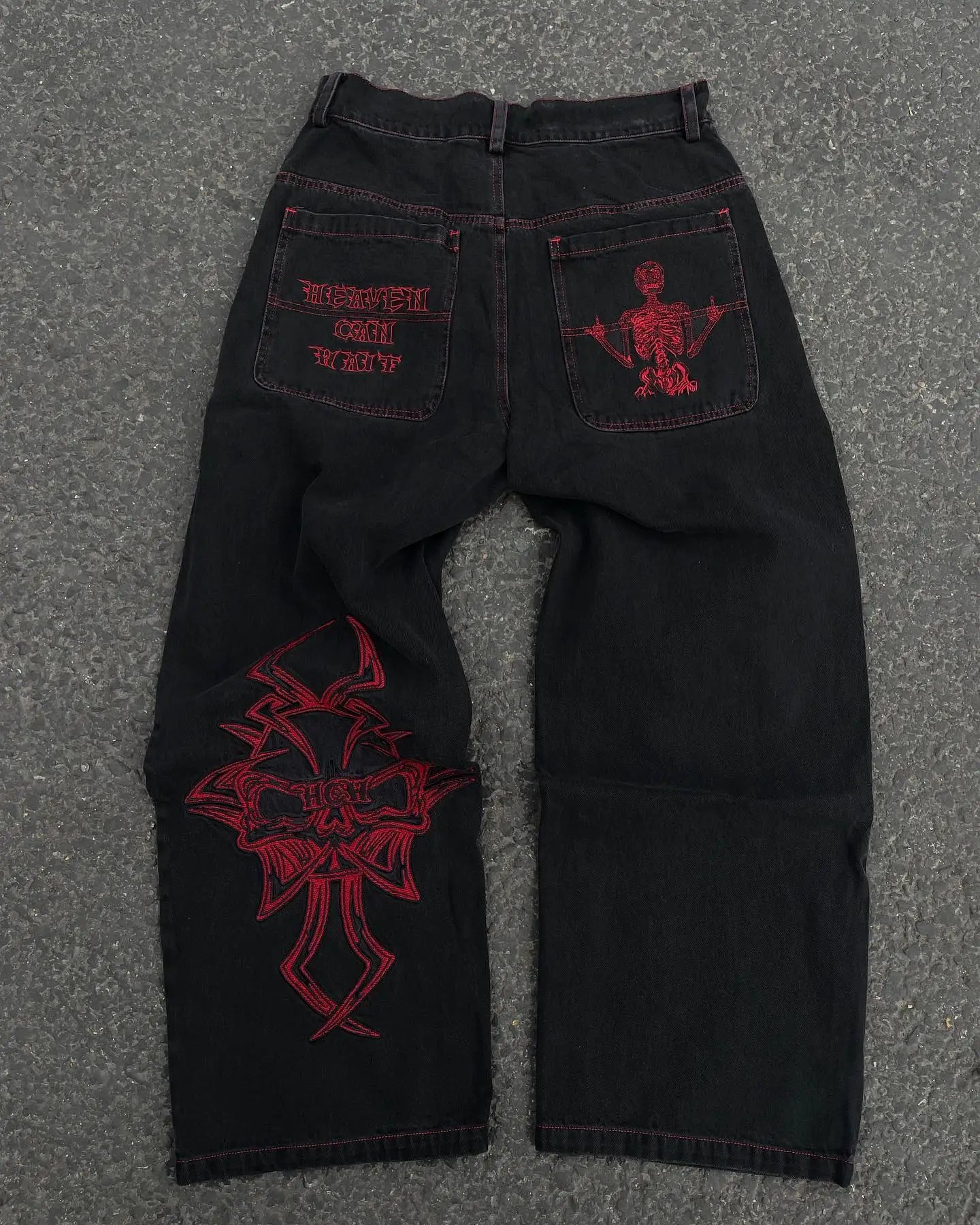 Y2K Retro American Personality Design Fashionable Loose Straight Jeans Men Street Hip-hop Harajuku All-match Floor Mopping Pants Street King Limited
