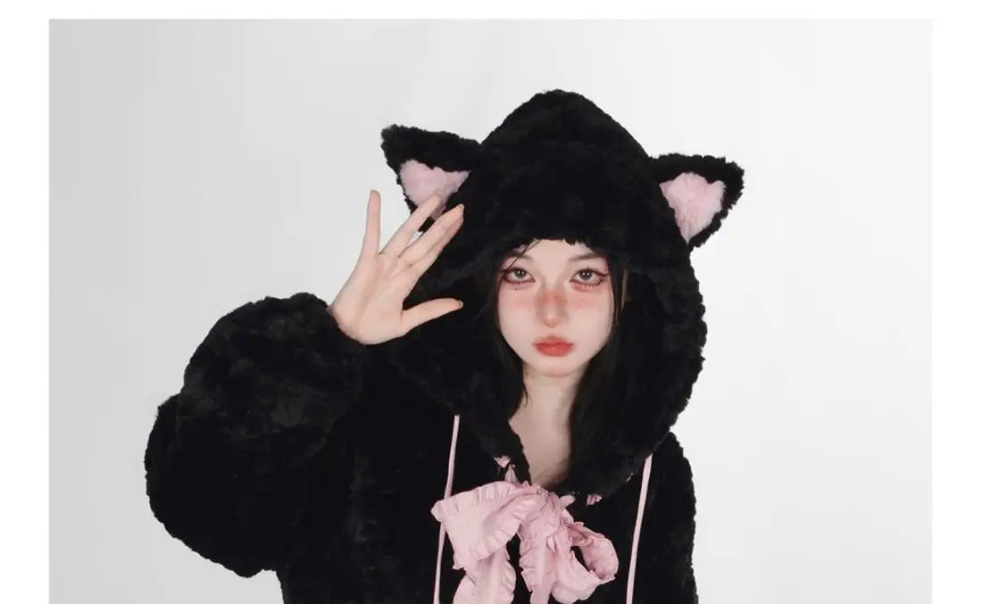 Harajuku Little WildCat Hoodies Women Bodysuit Black Tie Bowknot Cute Loose Goth Coat Y2k Style Kawaii Winter Clothes Women Street King Limited