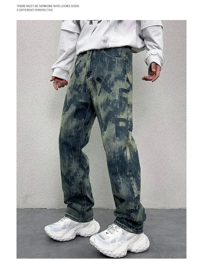 men loose casual american high street hip hop vibe printed denim baggy jeans pants man streetwear ripped jeans trousers unique jeans style 2975