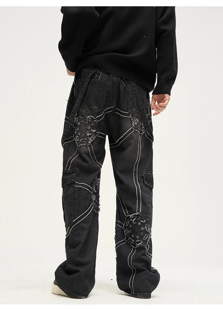 punk belt denim jeans pants women harajuku streetwear side pocket cotton men unisex casual baggy joggers straight pants trousers unique joggers style 3357