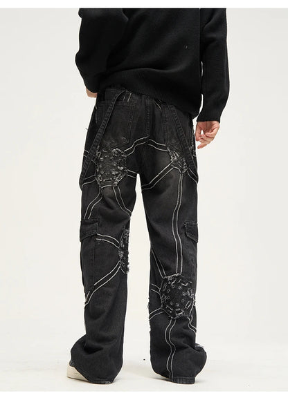 punk belt denim jeans pants women harajuku streetwear side pocket cotton men unisex casual baggy joggers straight pants trousers unique joggers style 3357