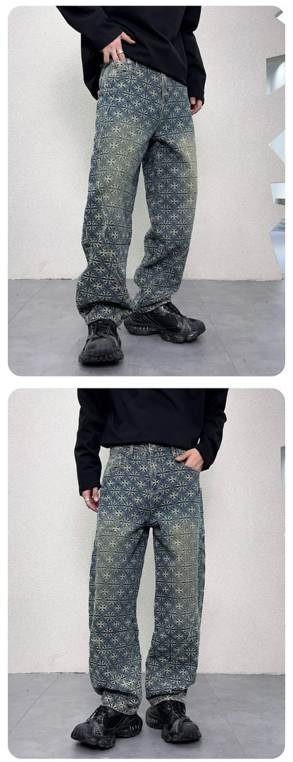 men jacquard loose casual hip hop vibe splice pocket denim baggy jeans pants man streetwear ripped jeans trousers boyfriend unique jeans style 2991