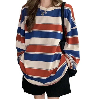 Women T shirts Striped Sweatshirt Thin tops 2024 Spring Women's Clothing Korean Fashion Couples Long Sleeve Teed y2k Pullovers Street King Limited