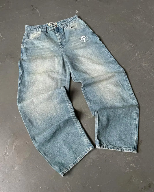 Y2K Mens Pants Letter Embroidered Retro Blue Loose Jeans High Waist Wide Leg Pants Harajuku Hip Hop Protect Streetwear Jeans Street King Limited
