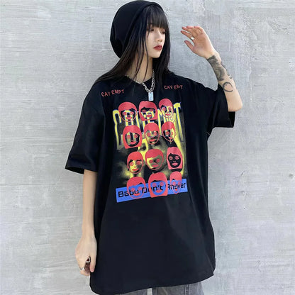 C.E T-shirts Men Woman Good Quality Cotton Casual Loose Vintage Abstract Face Printing Summer O-Neck CAVEMPT Top Tee Street King Limited