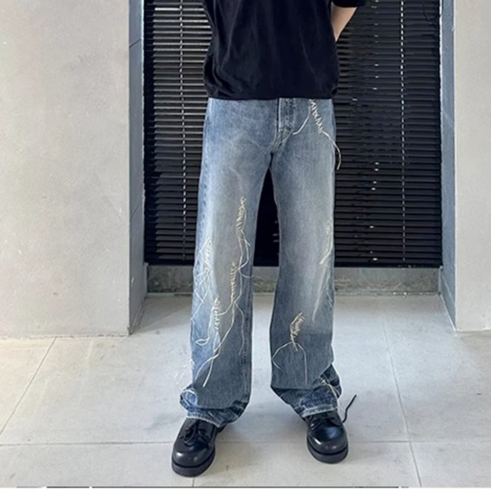 2023 new straw tassel design ripped hole loose denim trousers mens streetwear straight y2k pantalones hombre baggy jeans ripped baggy denim