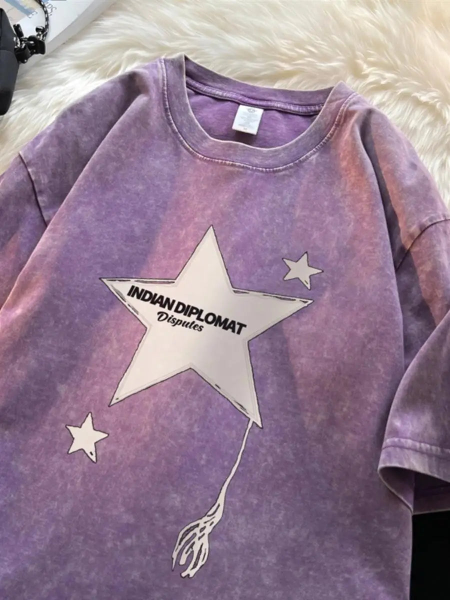 Five-pointed star American washed distressed short-sleeved T-shirt for men in summer loose heavyweight T-shirt trendy y2k tops Street King Limited
