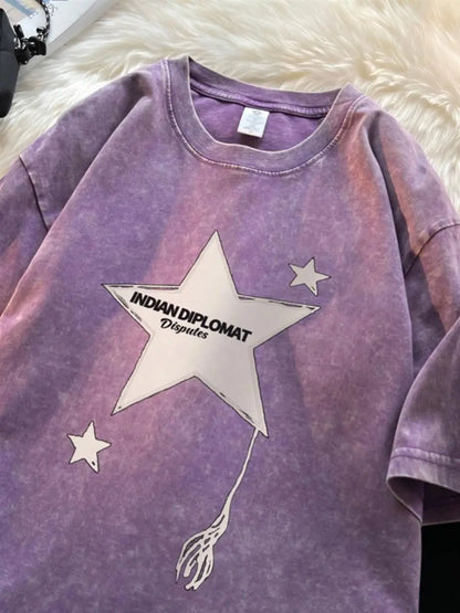 Five-pointed star American washed distressed short-sleeved T-shirt for men in summer loose heavyweight T-shirt trendy y2k tops Street King Limited