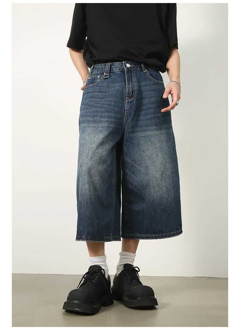 men summer streetwear fashion loose casual wide leg denim calf length jeans pants male vintage jeans baggy hosen pants unique jeans style 1471