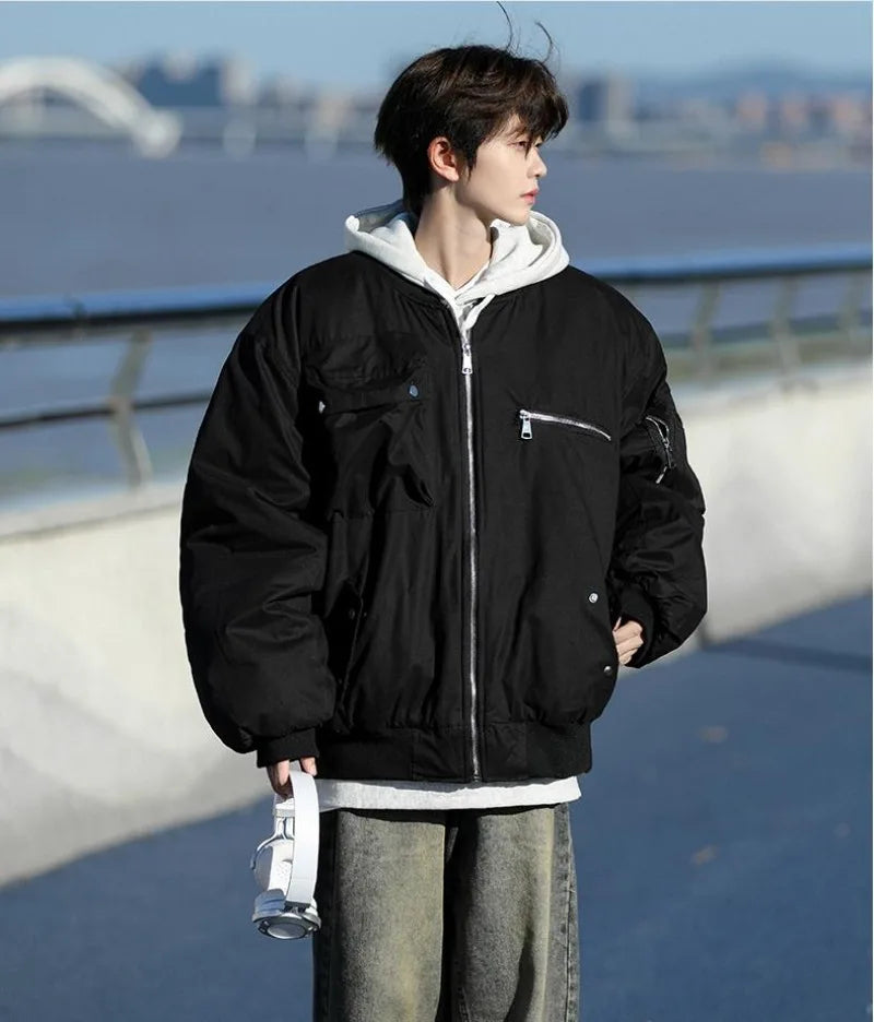 High Street Pilot Cotton Jackets Mens Thickening Winter Tooling Trendy Profile Warm Bomber Coats Unisex Baseball Collar Parkas Street King Limited