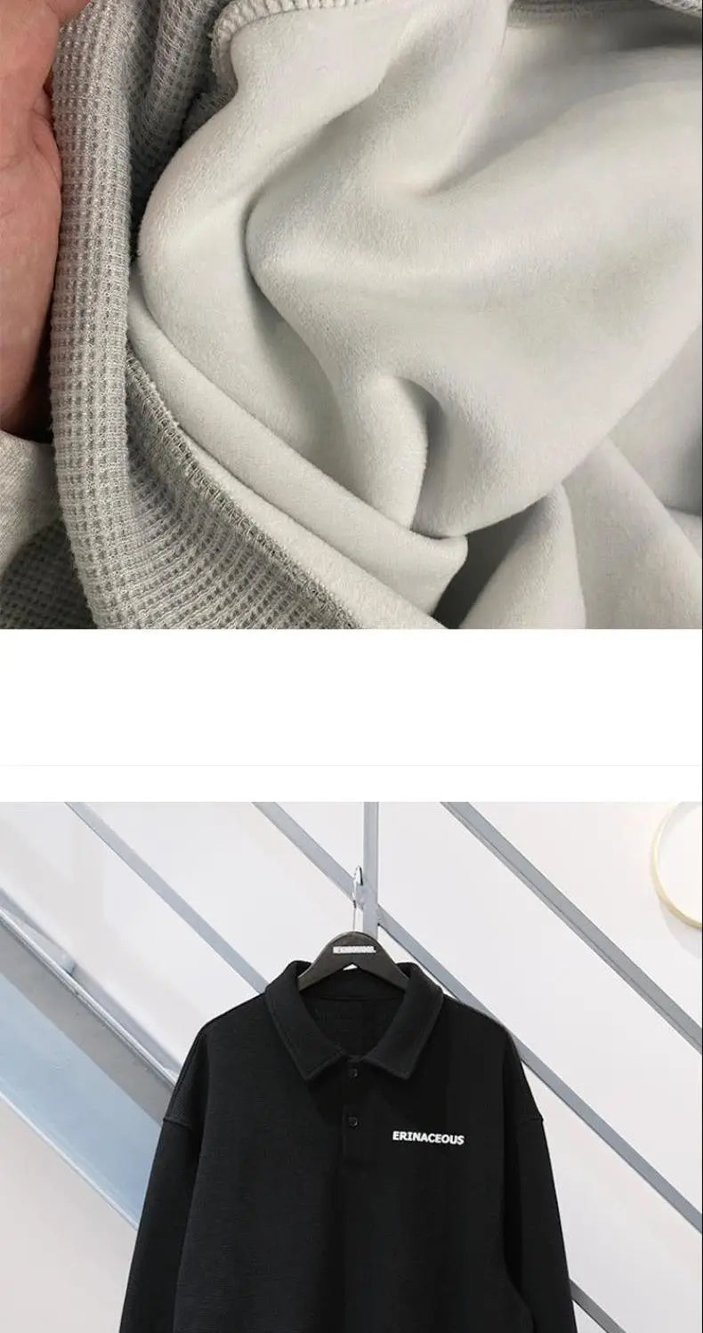 Spring new trendy brand ins loose casual polo lapel sweatshirt men's waffle top long-sleeved T-shirt women clothing y2k tops emo Street King Limited
