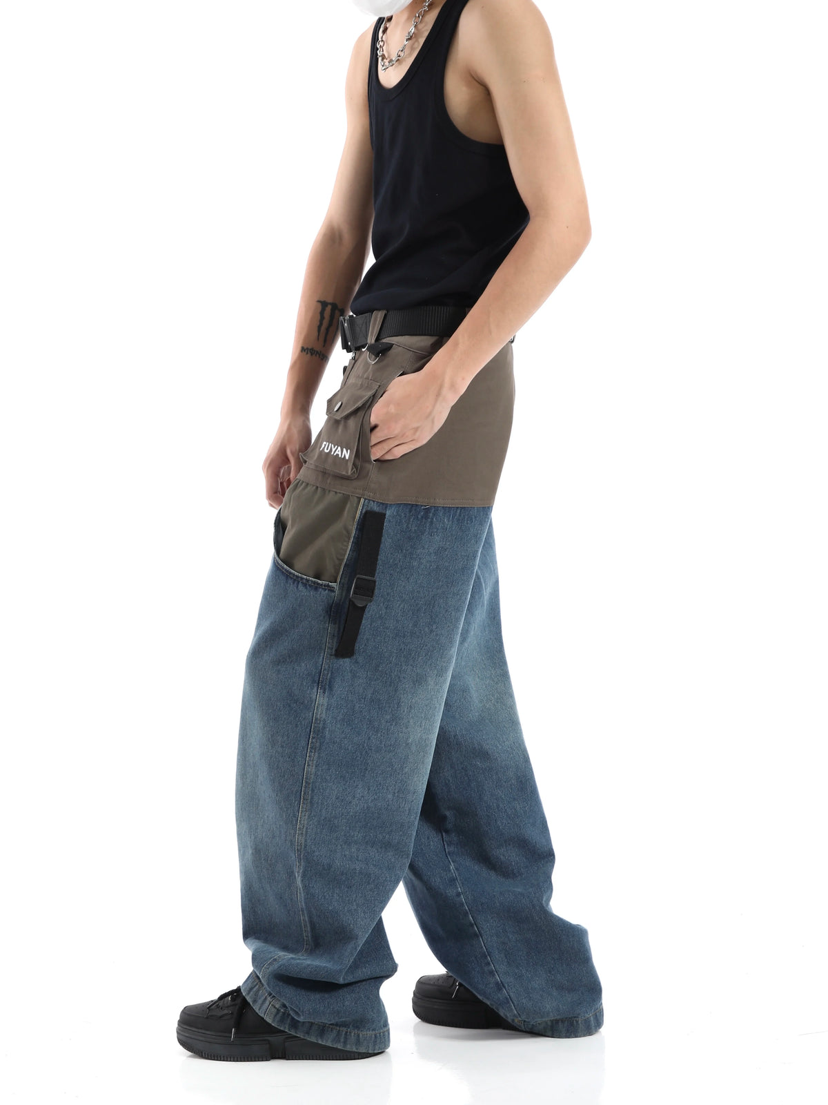 high street cargo pocket patchwork denim jeans pants unisex fashion loose wide leg straight functional tactics pants joggers men unique joggers style 739