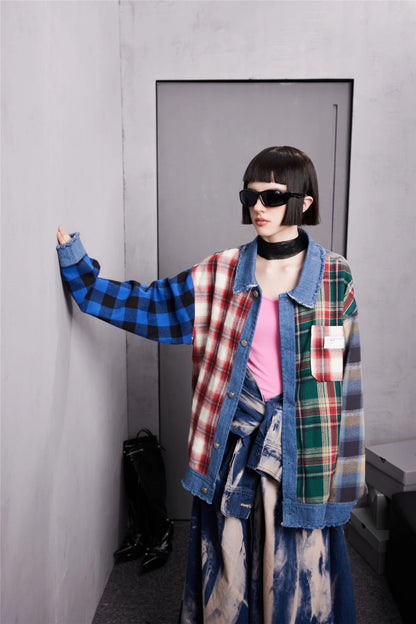 men hip hop denim jacket plaid patchwork oversized harajuku y2k unisex jeans jackets 2023 man fashion causal jacket outwear unique jeans style 1396