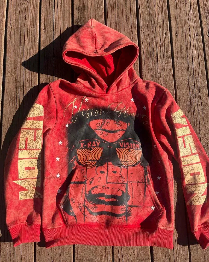 American Gothic Punk Cartoon Letter Print Oversized Hoodie Men's Fashion Loose Harajuku Style Pullover Sweatshirt Women's Street King Limited